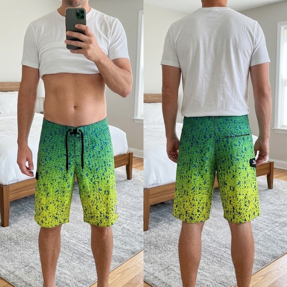 Pelagic Mens Size 32 Board Shorts Green Dorado Mahi Scale Fishing Swim Trunks